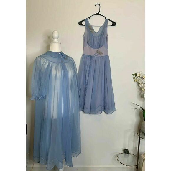 Vintage 60s Shadowline Peignoir Set Robe Gown Light Blue Nylon Sz S nightgown - Picture 1 of 11